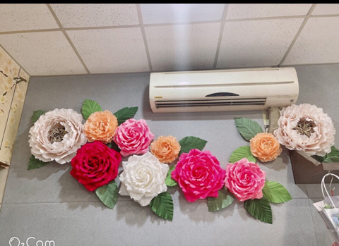 紙花-環保手作皺紋紙牡丹花、玫瑰花、共9朵、店面貼牆